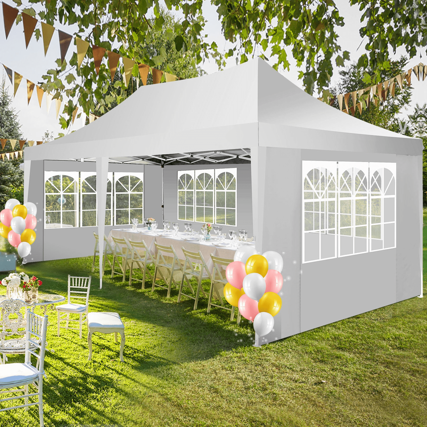 COBIZI 10x20 EZ Pop Up Canopy Tent for Party Outdoor Canopy with 6 Sidewalls Gazebo for Backyard Wedding Camping Events Waterproof & UV50+ Carry Bag,White(Frame Upgraded)
