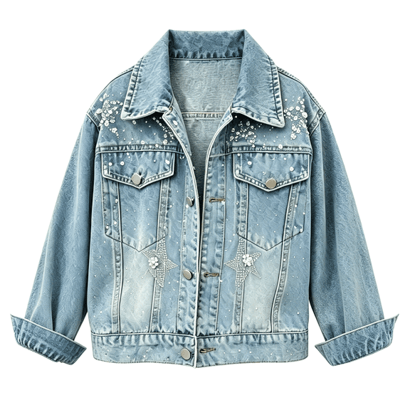 CPNG Girls Washed Denim Jacket Rhinestone Button Down Lapel Long Sleeve Jean Jacket Outerwear Loose Fit Casual Denim Jackets