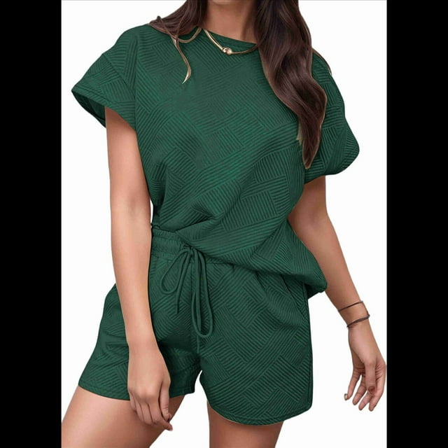 Ensemble de Survêtement pour Femme 2 Pcs, Couleur Unie, Col Rond, Tissu Texturé Décontracté, Manches Courtes, Pyjama, Vert Foncé, m