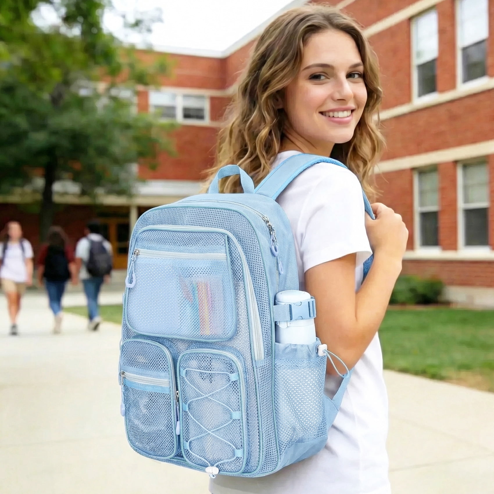 KOITHOT Mesh Backpack Heavy Duty, Stadium Approved Multi-Pocket Beach Backpacks for Adults, See Through Transparent Mesh Bookbag for School & Travel(Blue)