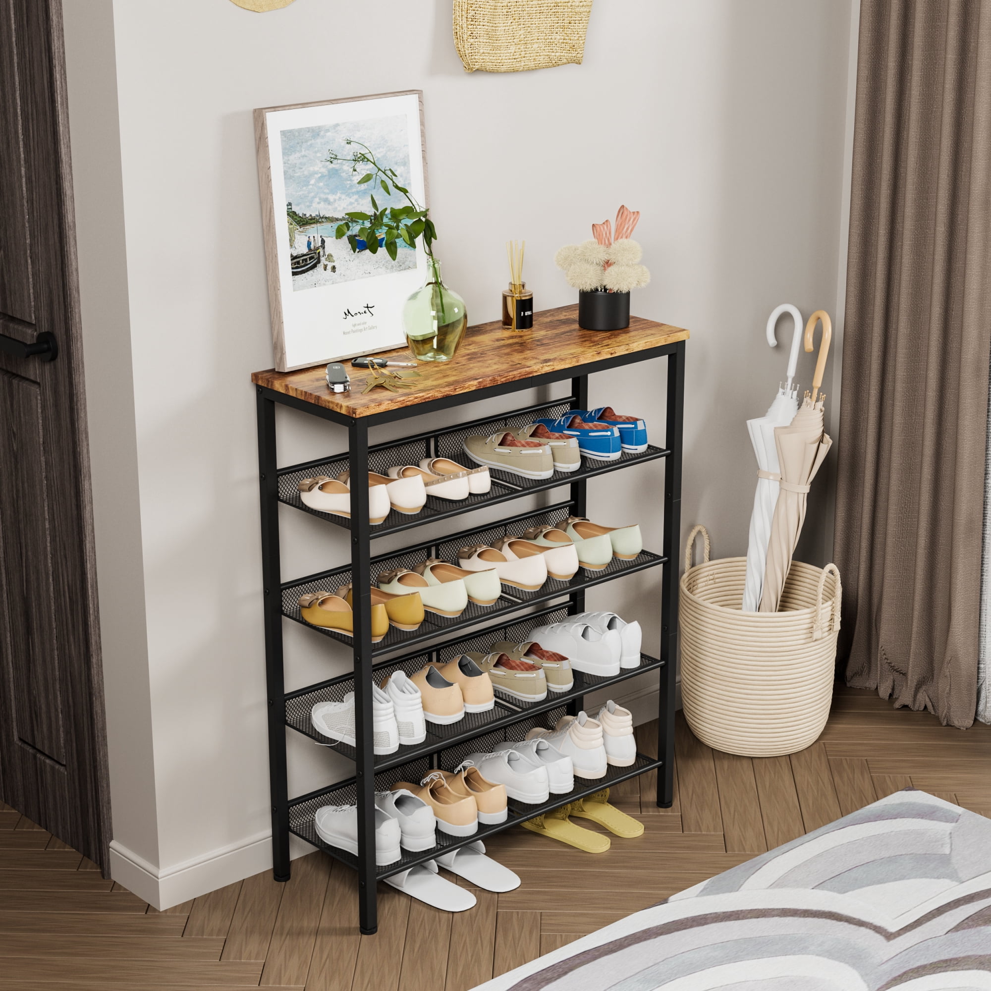 Leumius Adjustable 5-Tier Industrial Shoe Rack, Country Style Shoe Storage Organizer with 4 Mesh Shelves, Freestanding Shoe Rack for Entryway, Porch, Living Room and Bedroom