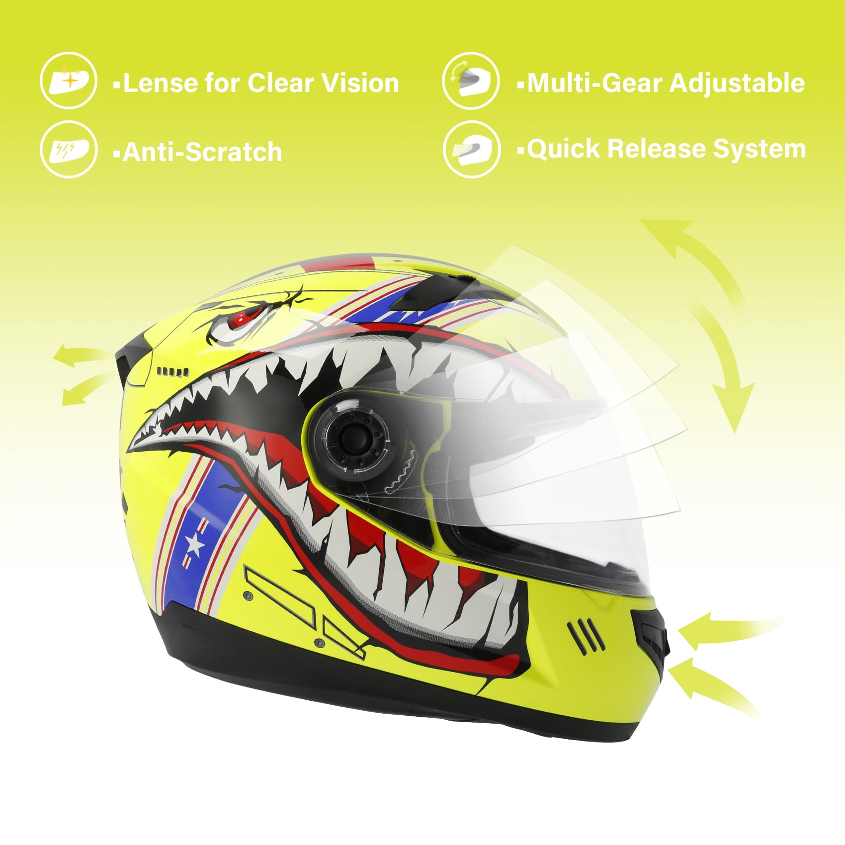 TCMT DOT Full Face Helmet for Kids & Youth Flip Up Visor for Motorcycle Atv Mx Motocross Offroad Street Dirt Bike Yellow Youth XL Size