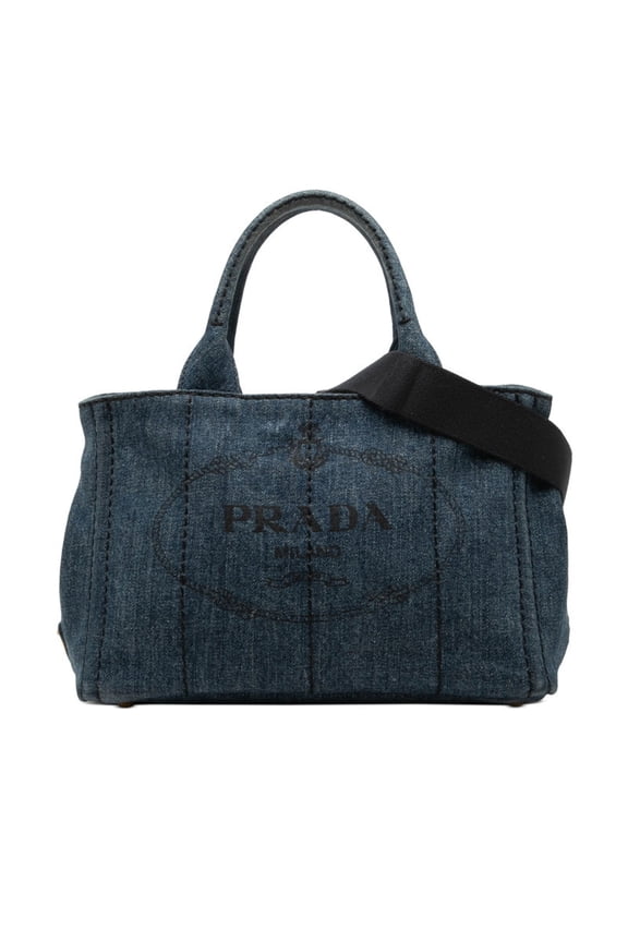 Pre-Owned Prada Canapa Triangle Logo Plate Tote Bag Shoulder 2-Way Blue Denim Women's PRADA
