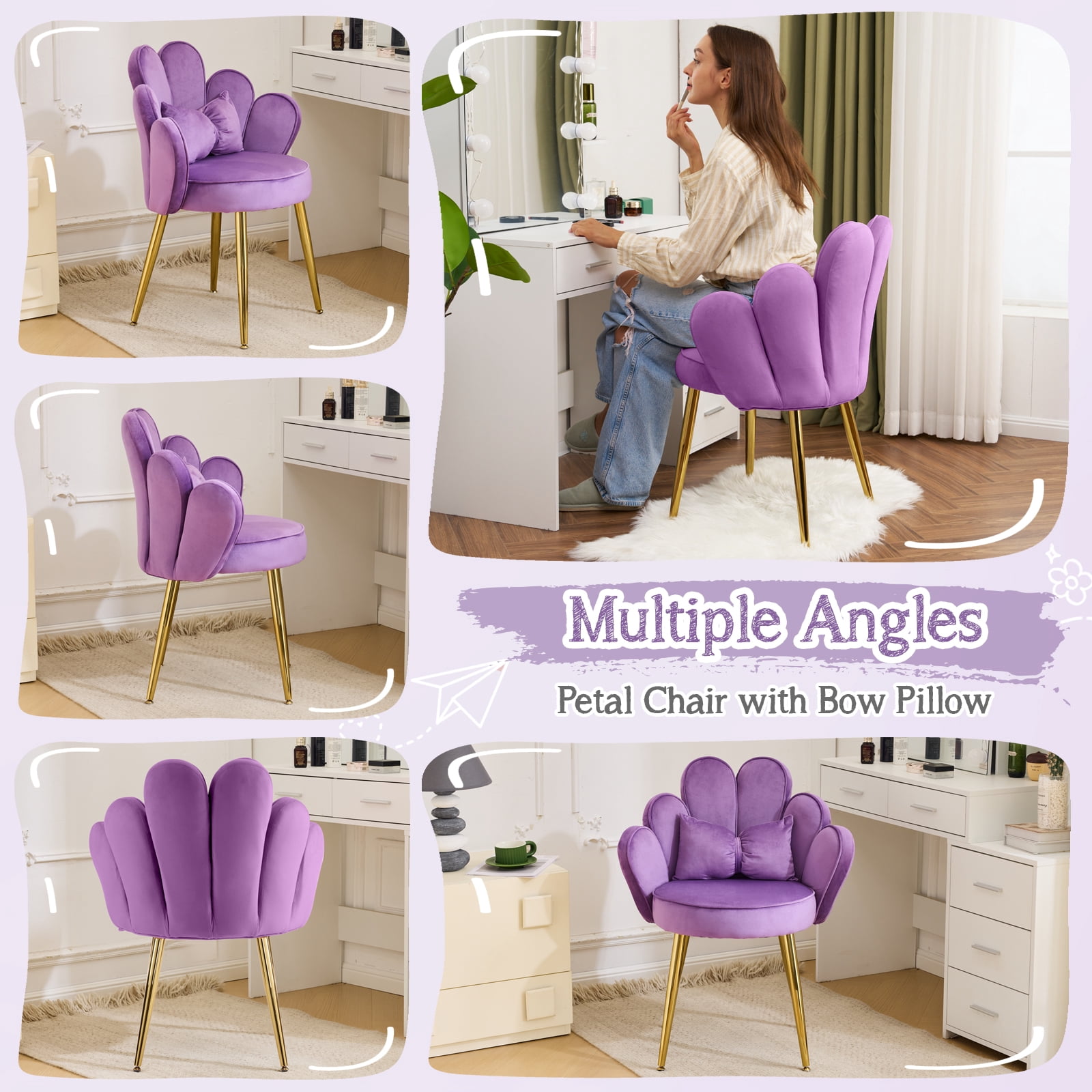 Ktaxon Vanity Makeup Chair Comfy Accent Chair Small Office Chair with Flower Back and Lumbar Pillow for Living Dining Room Bedroom Home Office Velvet Purple