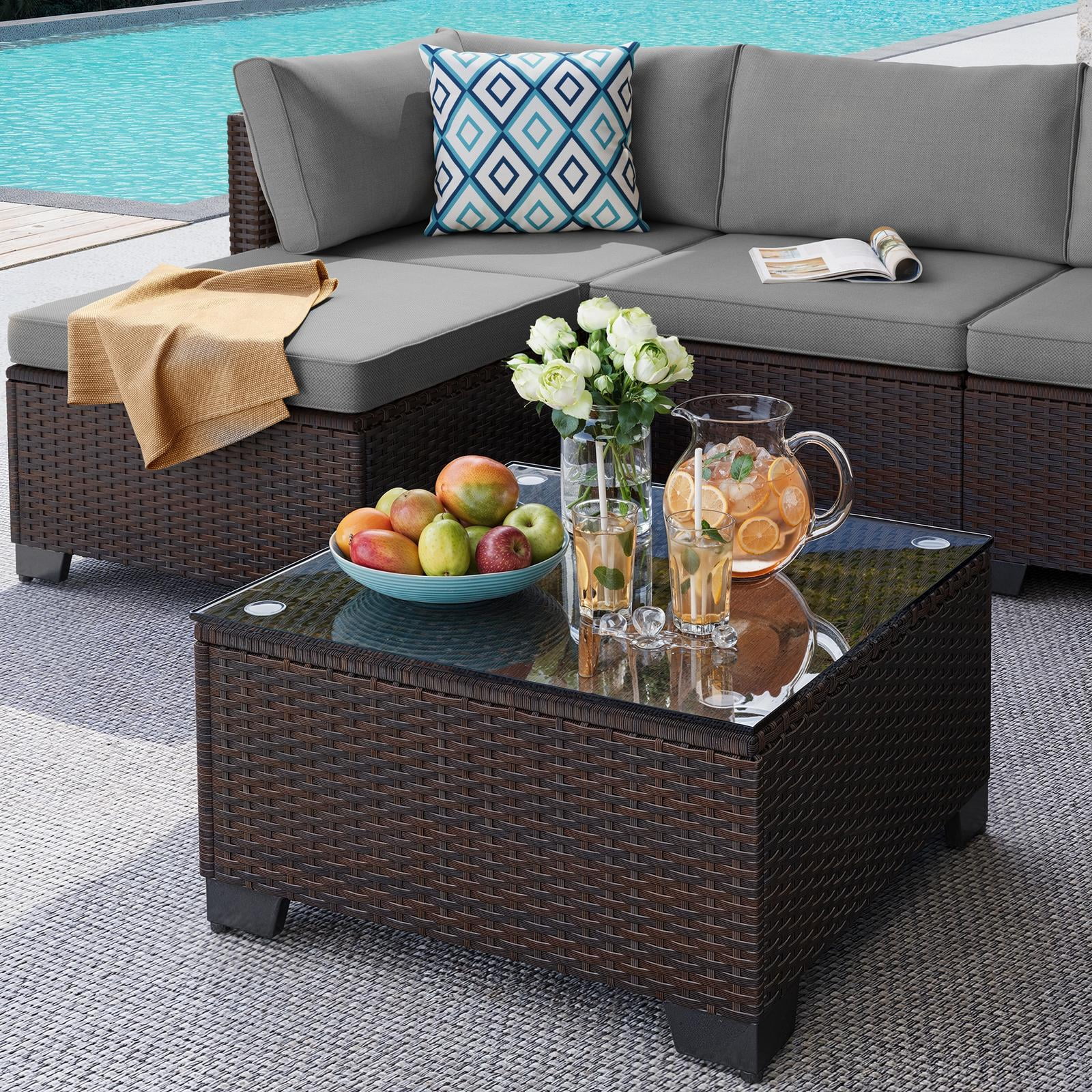 7 Piece Patio Conversation Set, Lofka Outdoor Furniture Set with Coffee Table,Ratten ChairsOttomans for Garden Backyard Poolside, Gray