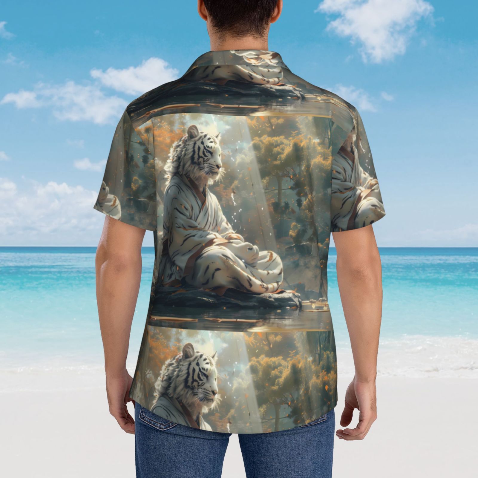 Logiee Forest Meditating White Tiger Print Mens Hawaiian Shirts,Loose-Fit Short Sleeve Button Down Tropical Aloha Beach Shirt,Summer Vacation Wedding Tops,Medium
