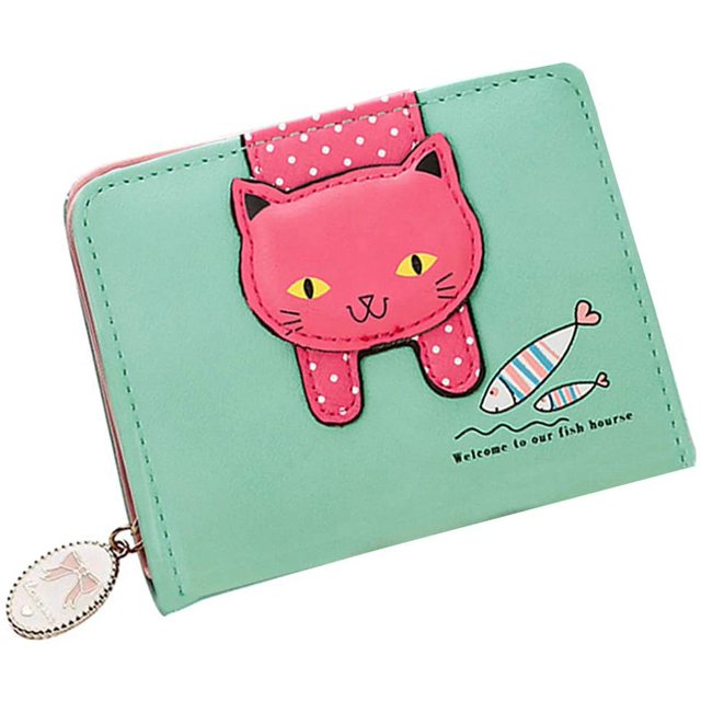 Cartera pequeña para niñas y mujeres, diseño de gato bonito, monedero, portamonedas, organizador de tarjetas (verde) oso de fresa Electrónica