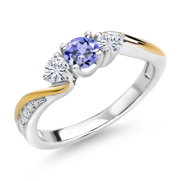 Gem Stone King 925 Silver and 10K Yellow Gold Blue Tanzanite Moissanite and Lab Grown Diamond 3 Stone Engagement Ring for Women (0.53 Cttw, December Birthstone, Size 8)