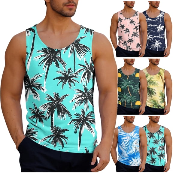 VBTAPA Mens Hawaiian Beach Tank Tops Summer Vacation Top Sleeveless Palm Tree Graphic T-Shirts Light Blue XL