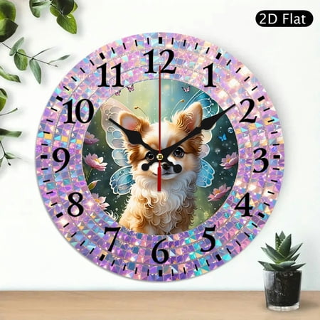 Whimsical Fairy Dog Wall Clock with Floral and Butterfly Art, Round 10x10 Inch Decorative Timepiece for Kids Room, Battery Not Included, 1pc