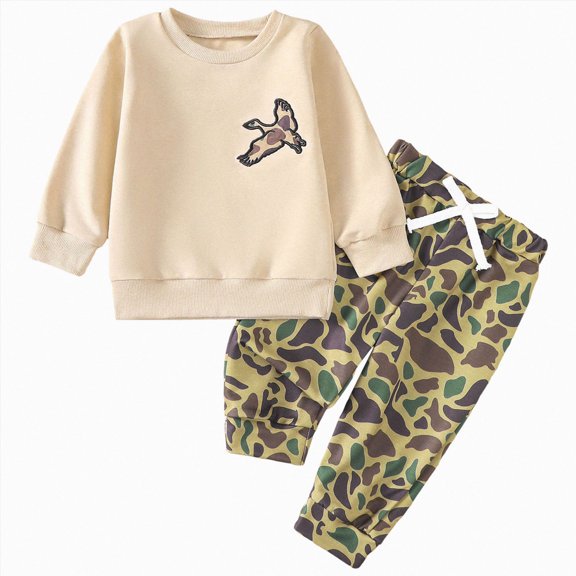 YDFCWXW Baby Boy Camouflage Clothes Long Sleeve Tops Jogger Pants Set (Beige, 2-3 Years)