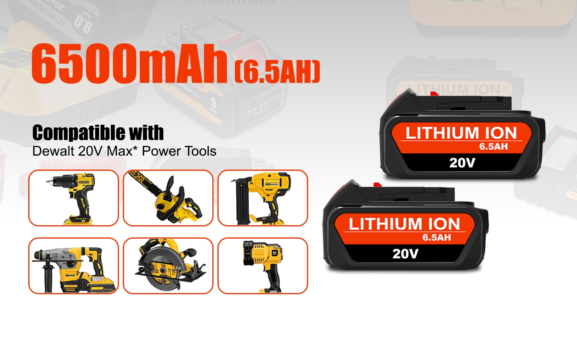 2 Pack 20V Max 6.5Ah High Capacity Battery DCB205-2 for DEWALT 20V Max XR Battery 6.0Ah DCB206-2 5.0Ah DCB205-2 4.0Ah DCB204-2 DCB200-2 20V Max XR Lithium Battery