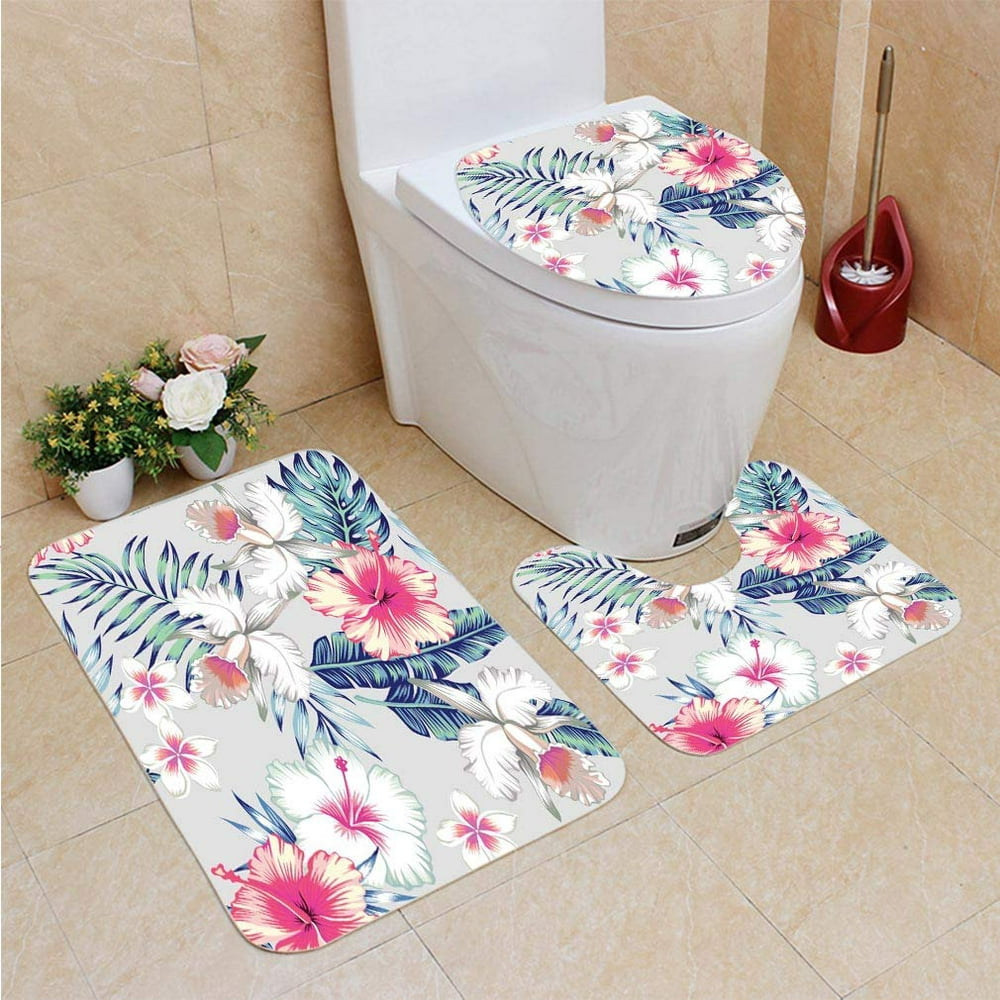 PUDMAD Hibiscus Orchids Tropical Seamless 3 Piece Bathroom Rugs Set ...