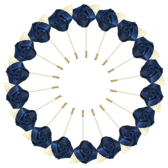 Uxcell 18-Pack Flower Lapel Pins for Men, Golden Leaf Rose Boutonnieres Pin for Wedding/Dance/Party, Flower Corsage Hat Pins [Navy Blue]