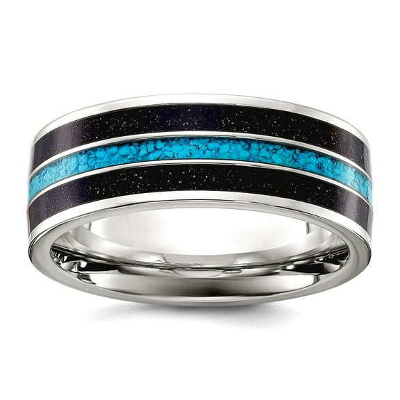 Titanium Polished With Simulated Turquoise Black Star Sandstone Inlay 8mm Band Size 9 Ring for Women and Men