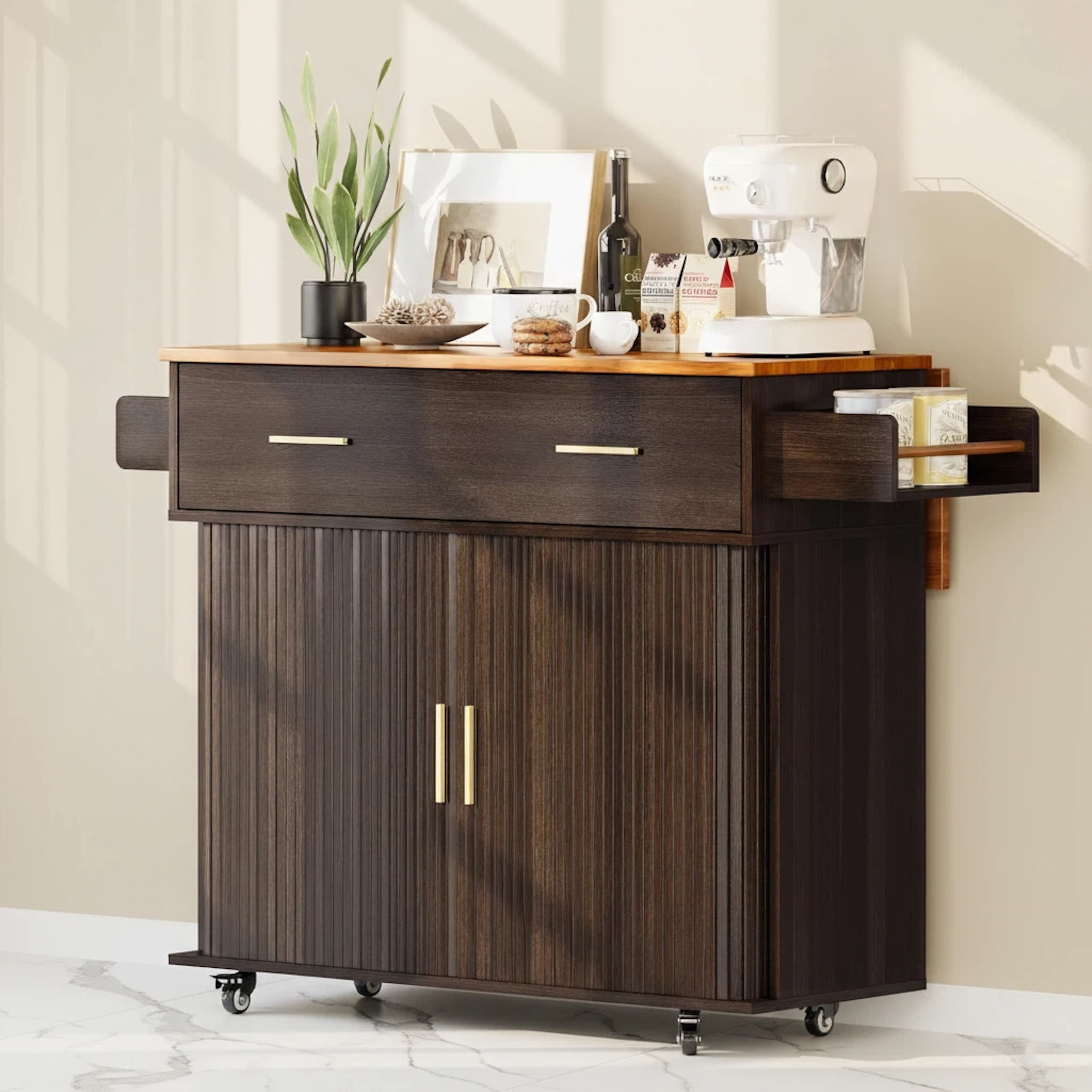 AISWORD Rolling Kitchen Island with Drop Leaf, Sliding Door, Drawers & Spice Rack, Brown