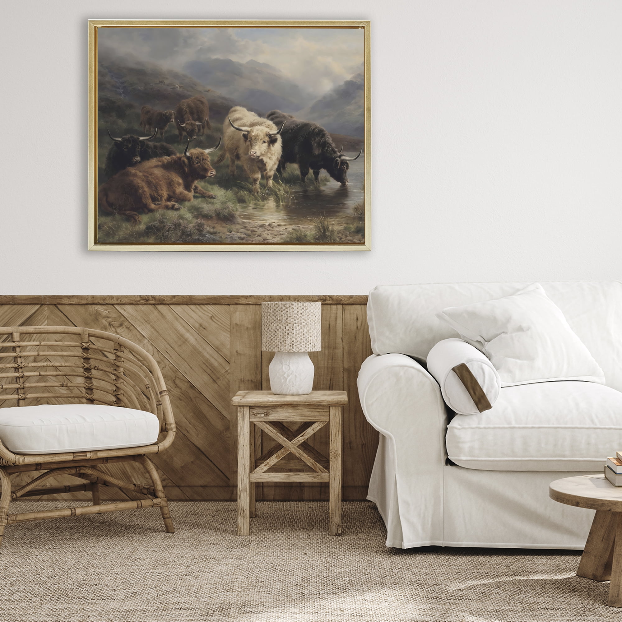 Stupell Industries Highland Cows Beside Misty Loch Gold Framed Floater Canvas Wall Art, design by Arlington Prints