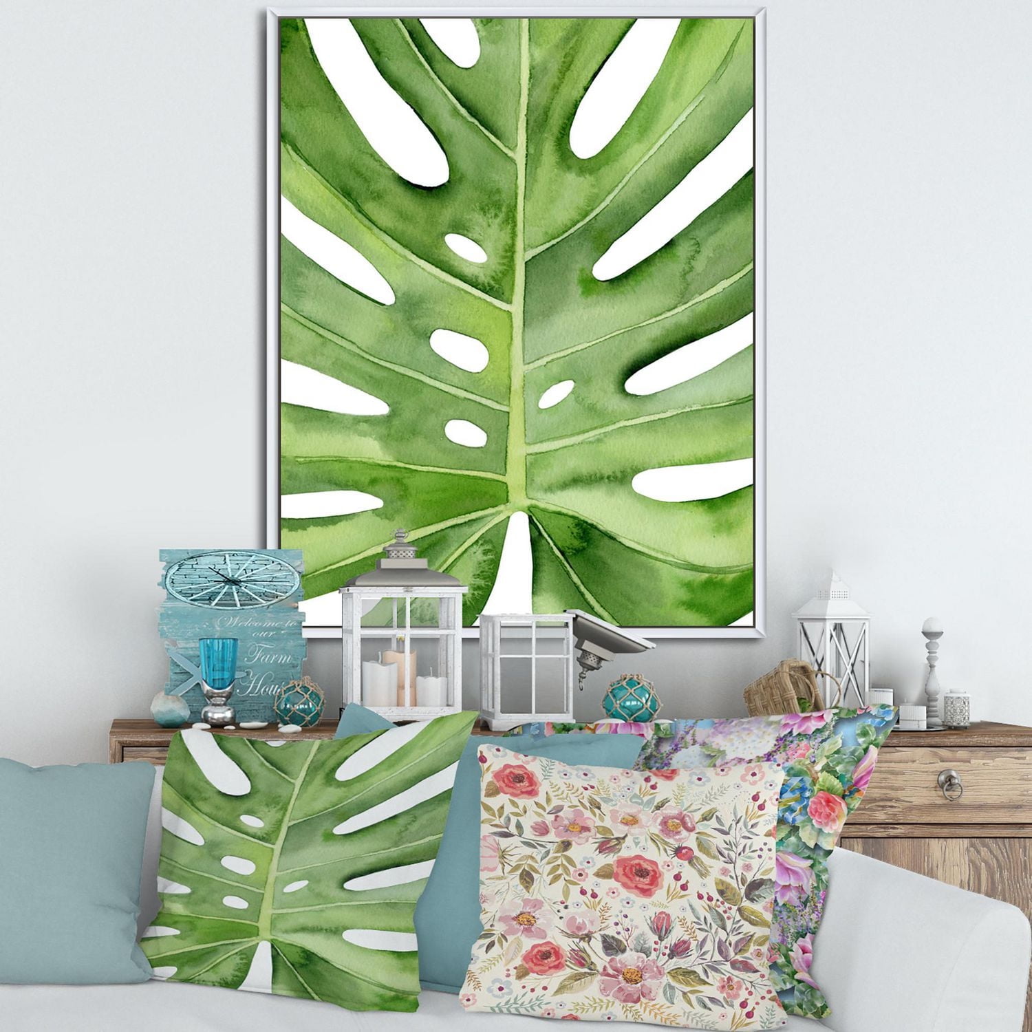 Designart Détail botanique de palmier tropical vert feuille de Monstera ART MURAL À CADRE FLOTTÉ