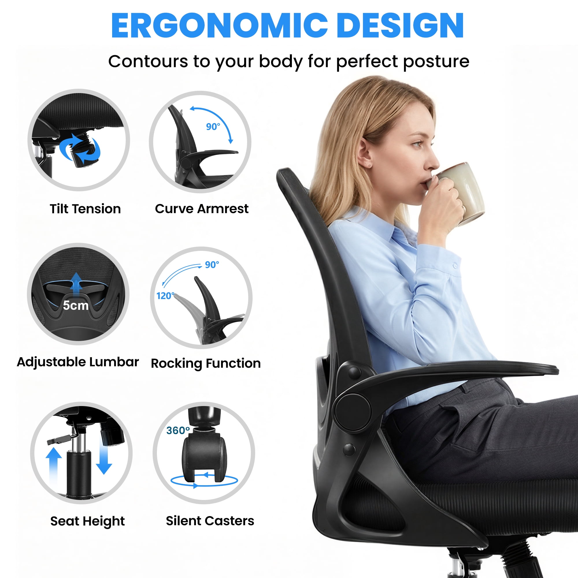STACOO Desk Chair with Ergonomic Lumbar Support Adjustable Height and Flip-up Arms for Home, Office, Bedroom, 250lbs, Black