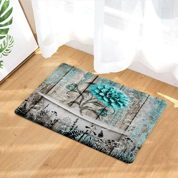 Rustic Teal Floral Bath Rugs, Farmhouse Vintage Wooden Turquoise Flower Non Slip Flannel Bathroom Rug, Country Style Bath Mat for Bathroom Bedroom Kitchen Outdoor Indoor 17X29in