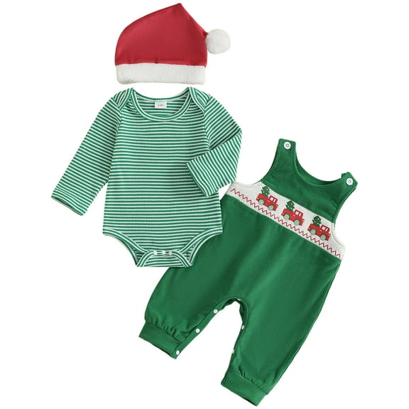 UAYOTSE Baby Boy Christmas Outfit Long Sleeve Romper Overall Pants 3Pcs Fall Clothes Set(0-3 Months,I174-Green)
