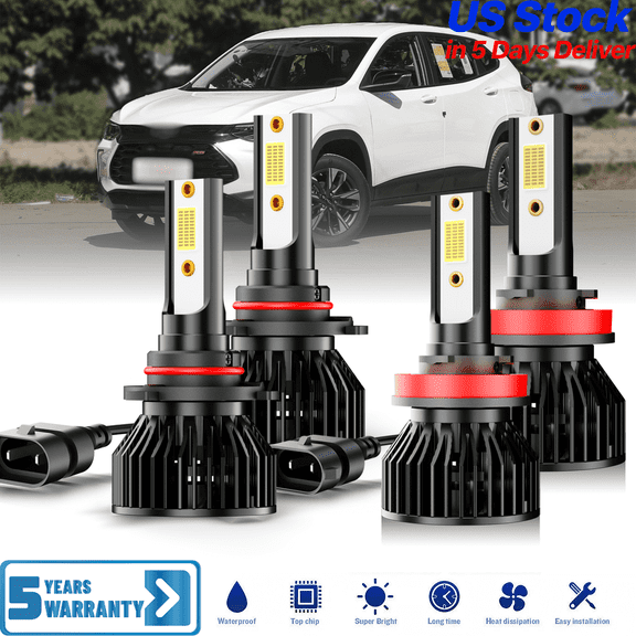 AQJ For Chevrolet Trax 2013-2022 LED Headlight Bulbs 6000K White Combo, 10000lm,500% Brightness with Fan, Plug-N-Play, CANbus Ready, 9005x2pcs High Beam+ H11x2pcs Low Beam
