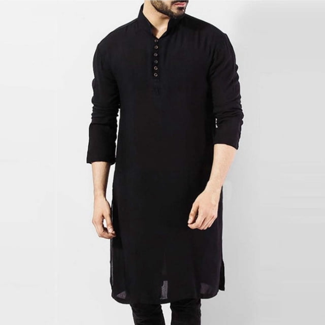 DPTALR Chemise Style Arabe pour Hommes Manches Longues Bouton Col Montant Chandail Robe Musulmane Unie Blouse
