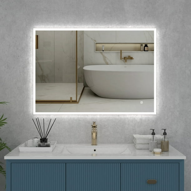 36 X 28 Inch Rectangle Led Lighted Bathroom Mirror Wall Mounted With Dimmable Touch Bluetooth Speaker 3 Colors Lights Hanging Makeup Vanity Com 36 X 28 Inch Rectangle Led Lighted, Bathroom Vanity Mirror With Lights And Bluetooth