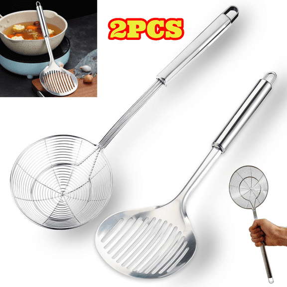 2pcs Kitchen Utensils Set, Stainless Steel Spider Strainer Skimmer Spoon and Slotted Spoon, Cooking Utensils Set for Cooking & Frying
