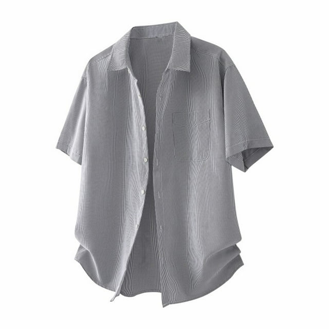 Blusa y camisa de manga corta con cuello vuelto para hombre, informal, de verano, a rayas, de manga corta, con bolsillo de solapa, fina, de poliéster