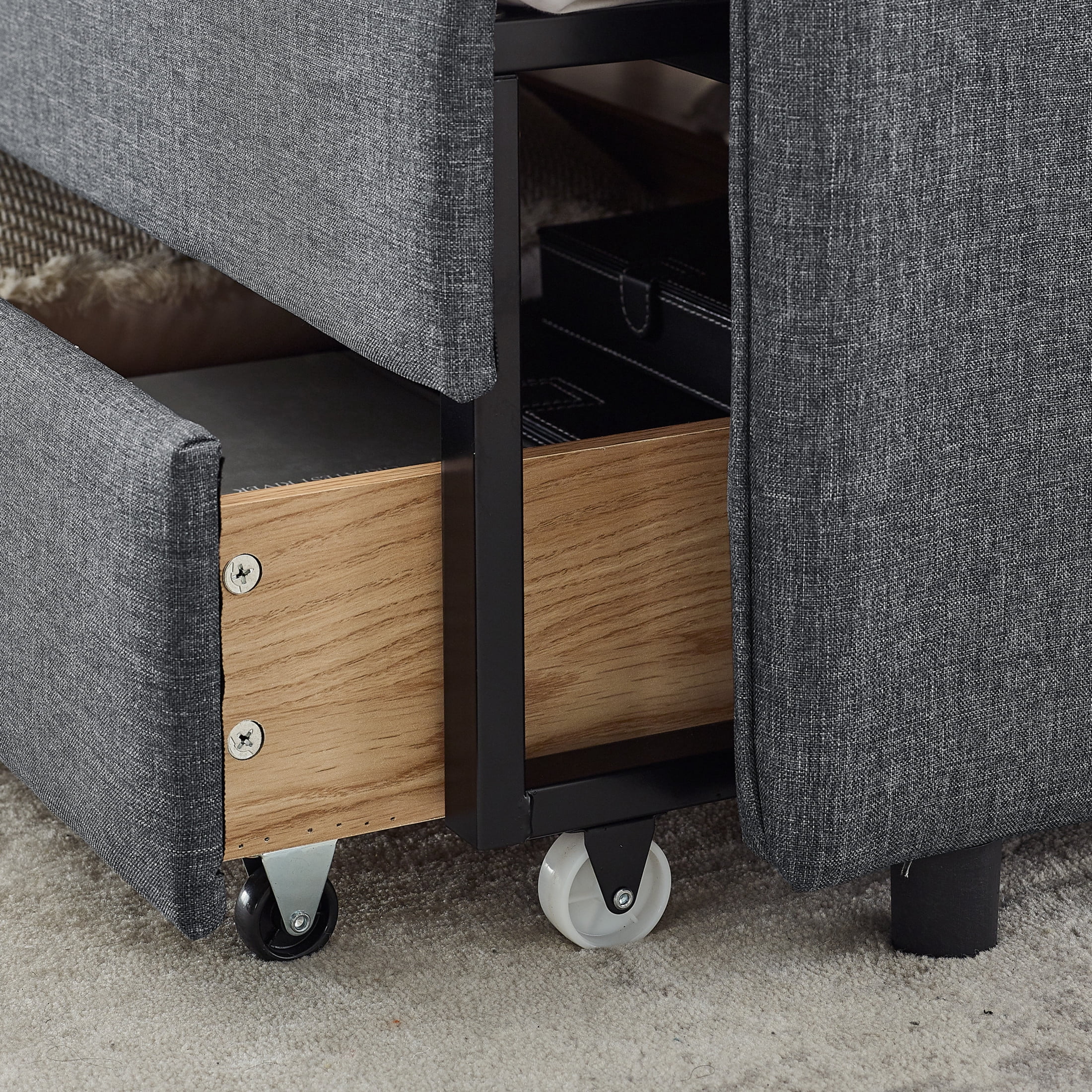 Noble House Nevaeh Twin Upholstered Linen Daybed, Extendable Twin to King Trundle Bed Frame with Storage Drawers, Dark Gray