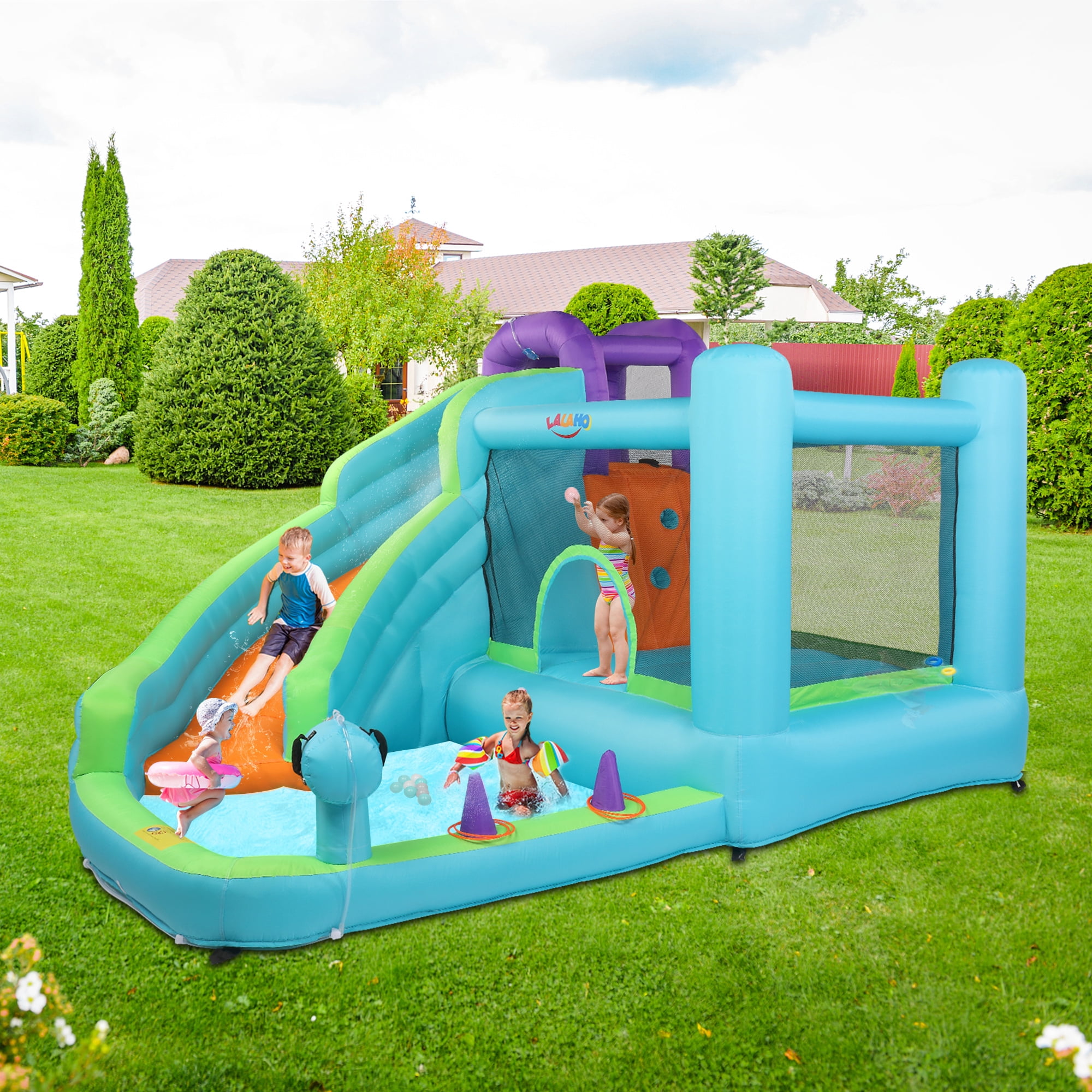 GoDecor Bounce House, Inflatable Water Slide Bounce Castle with Blower for Kids, Outdoor/Indoor Bouncy House Water Park for Backyard with Splash Slide, Climbing Wall, Ball Pit, Jumping Area