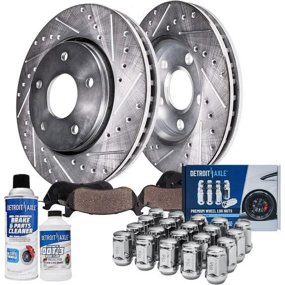 Detroit Axle - Front Drilled & Slotted Rotors Brake Pads w/ 20pc Wheel Lug Nuts Replacement for Subaru Impreza Outback Legacy Forester - 26pc Set