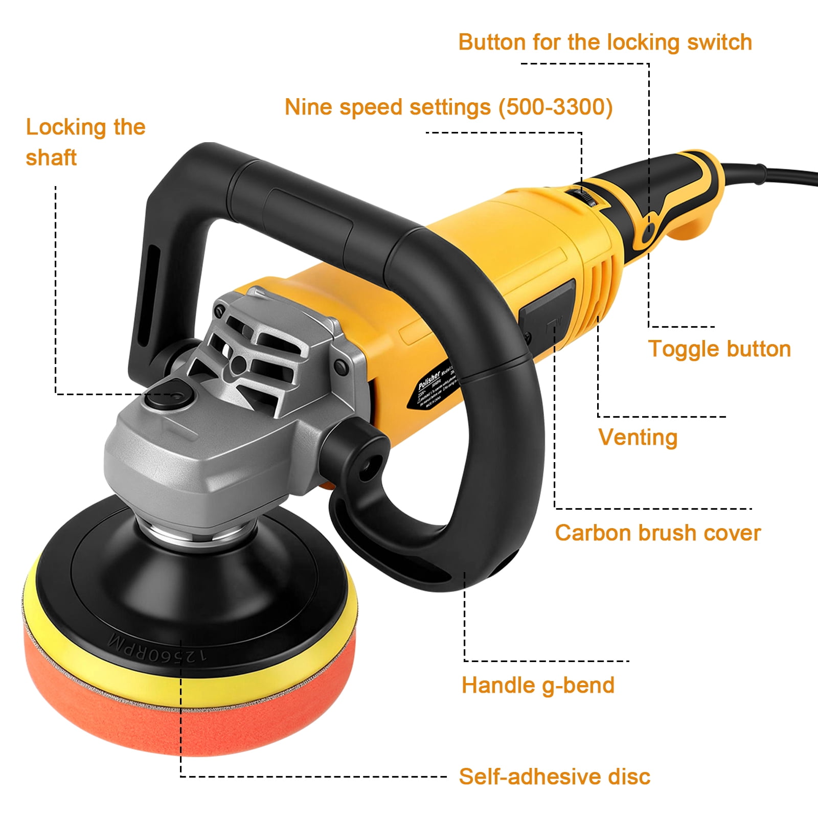 Buffer Polisher, 2000W Rotary Car Buffer Polisher Waxer, 7 Variable Speed 500-3300 RPM, Detachable Handle with 5" 6" 7" Backing Plate for Car Detailing, Polishing, Waxing