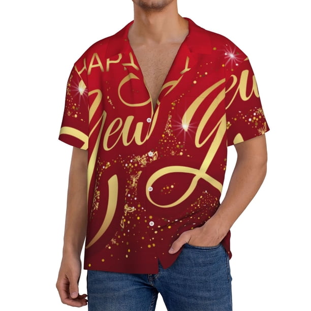 Balery Happy New Year2 Camisa Casual de Manga Corta con Botones para Hombre, Texturizada, Estilo Cubano, para Playa, Verano-3X-Large