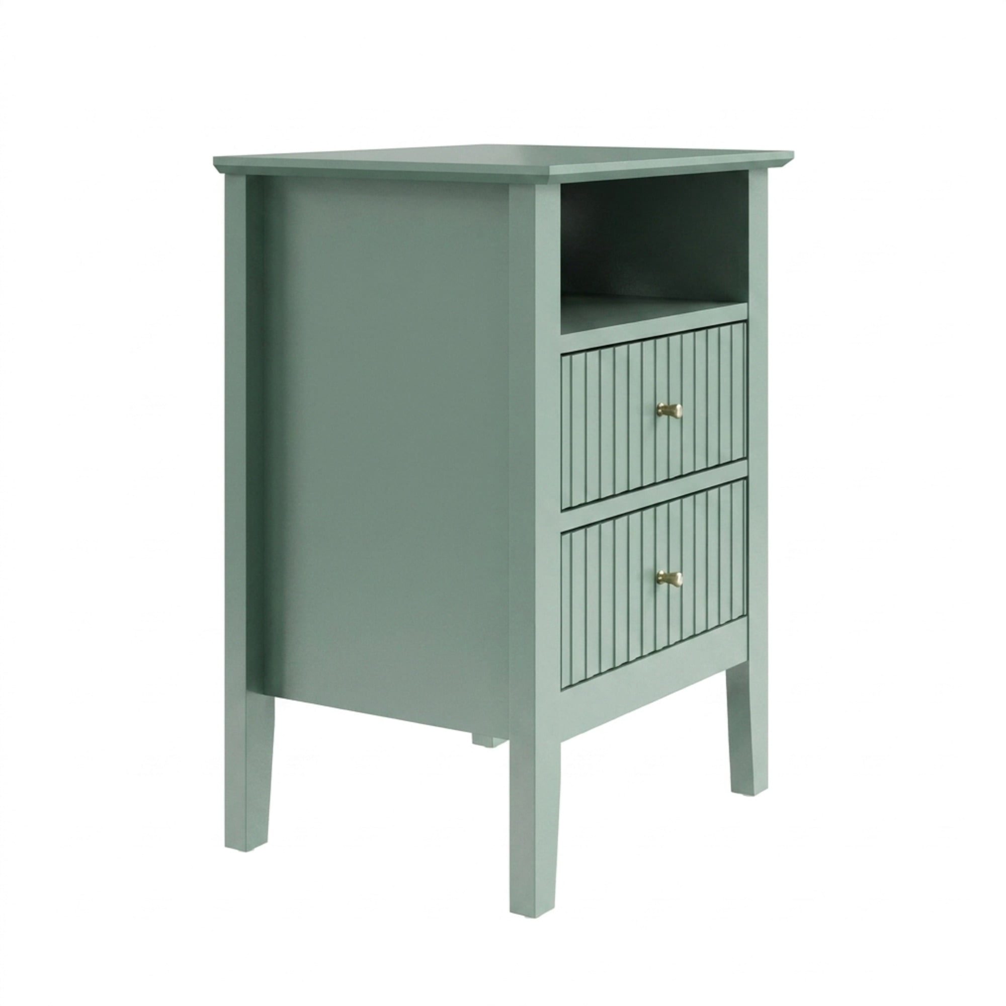 18" Green Fluted Nightstand, 2-Drawer Modern Side Table with Gold Knobs, Soft-Close Drawers & Anti-Tip Kit, P2 MDF Storage Cabinet for Bedroom Living Room