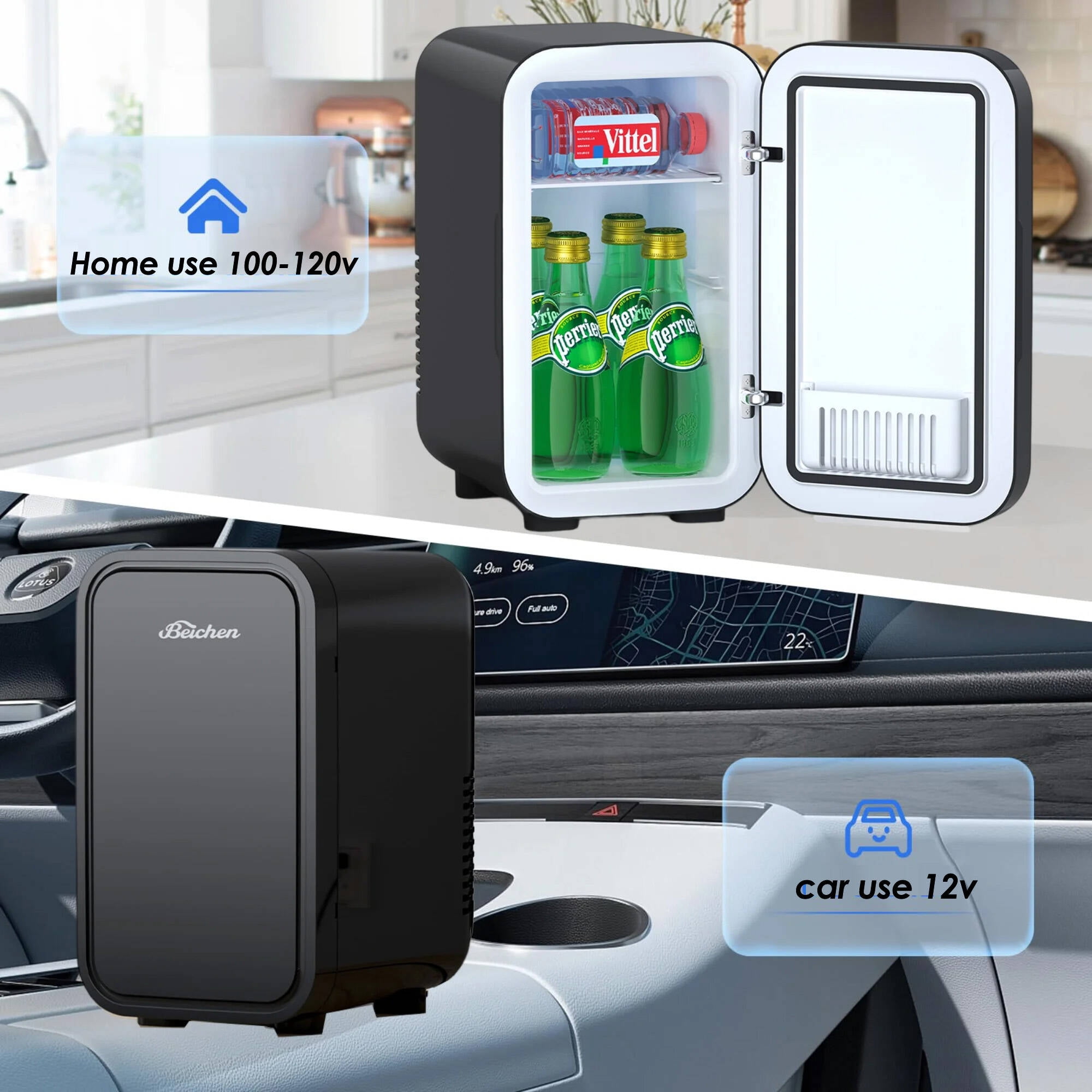 BEICHEN Mini Fridge, 6 Liter/8 Can Small Fridge, AC/DC Portable Skincare Fridge, Cooler and Warmer Refrigerators for Bedroom, Skincare, Beverage, Office, Dorm, Car, Black