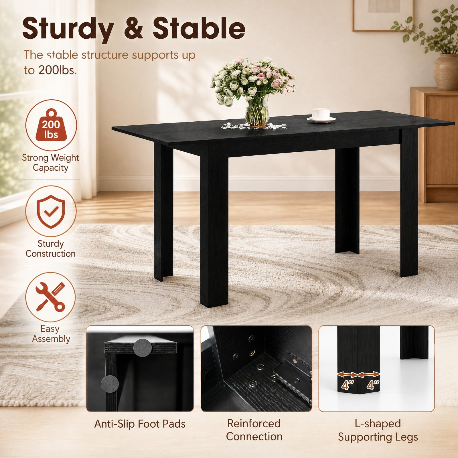 Furnibear Extendable Dining Table for 4 to 8 People with Sliding Rails and Thick L Shaped Legs for Kitchen and Dining Room, Black