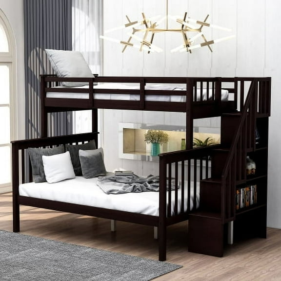 [ US IN STOCK] Stairway Twin-Over-Full Bunk Bed with Storage and Guard Rail for Bedroom, Espresso color