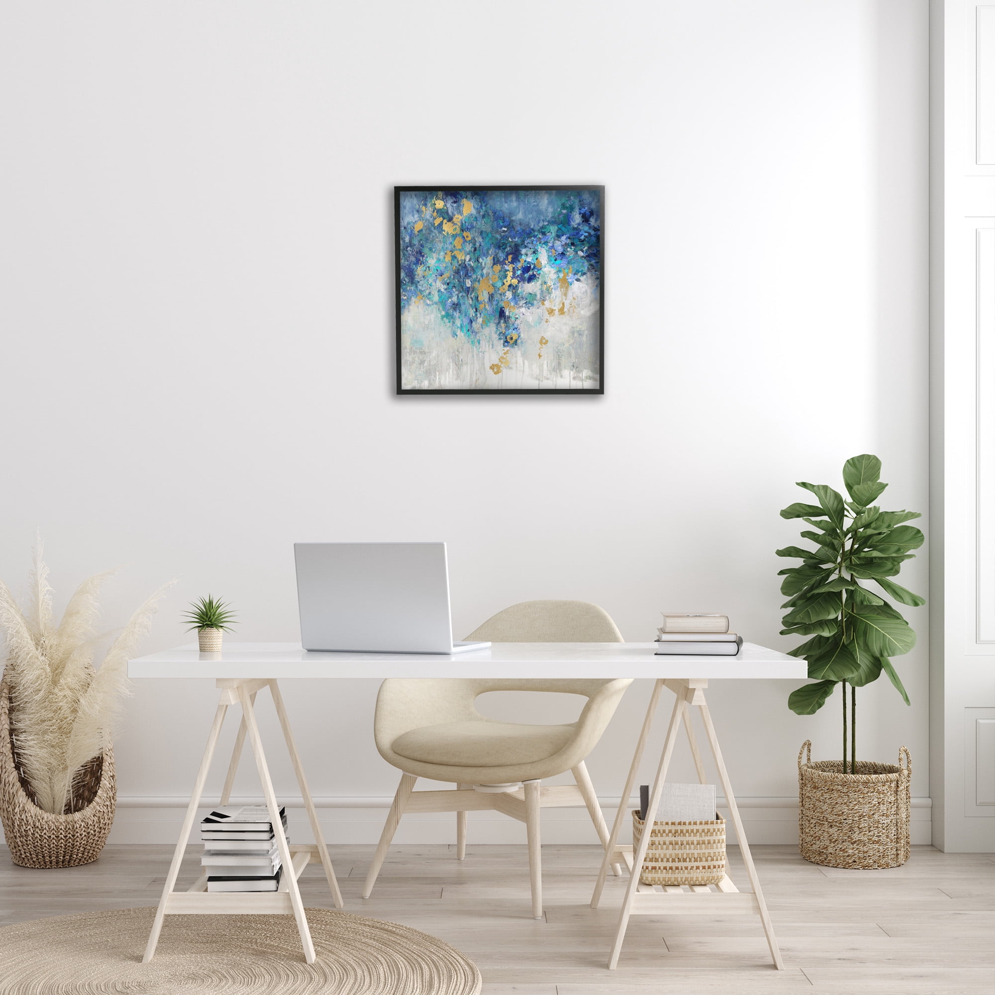 Stupell Industries Abstract Blue Gold Paint Design Abstract Painting Black Framed Art Print Wall Art, 24 x 24