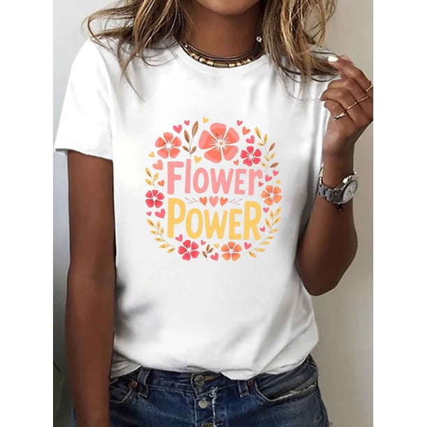 Casual Short-Sleeve Crew Neck T-Shirt with a Flower Power Design, Perfect for Spring And Summer, Women'S Apparel.