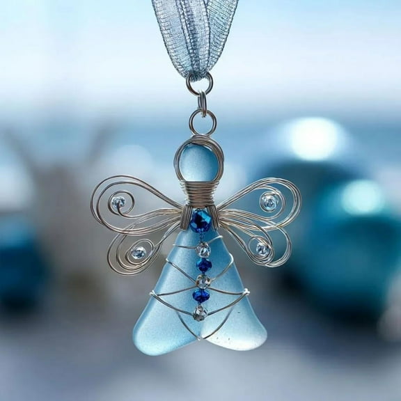 SMKE 2Pc Handmade Sea Glass Wire-Wrapped Angel Ornament,Angel Wing Car Pendant,Natural-Style Anniversary Holiday Decor,Personalized Gift Accessory,Multi-Scene Room/Backpack/Keychain Hanger Blue
