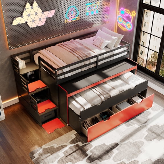 Twin XL Loft Bed Frame with Pull-Out Desk and Twin Trundle, Wood Multi-Functional Workstation Bunk Bed with 2 Storage Drawers and Storage Steps for Bedroom, Dorm, Mattress Not Included, Black Red