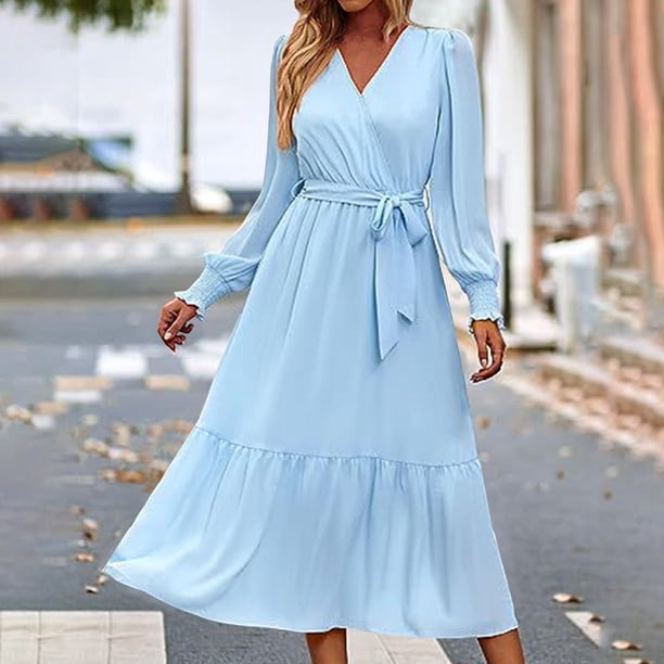 Blmnix Birthday Dresses for Women Blue Long Modest Plus Size Long Sleeve  Tiered Wrap Womans Dresses Going Out - Walmart Business Supplies