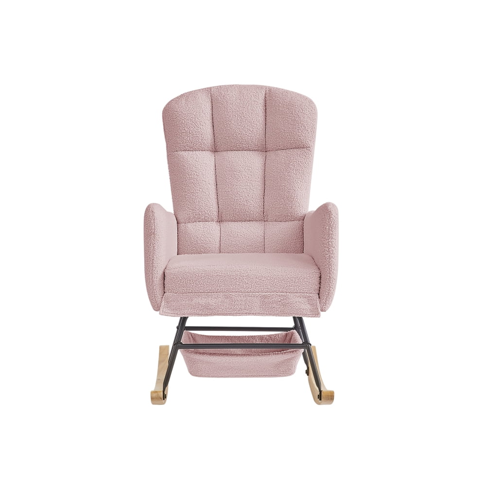 Pink Teddy Fleece Rocking Chair, Upholstered Nursery Glider with High Back, Metal & Wood Frame