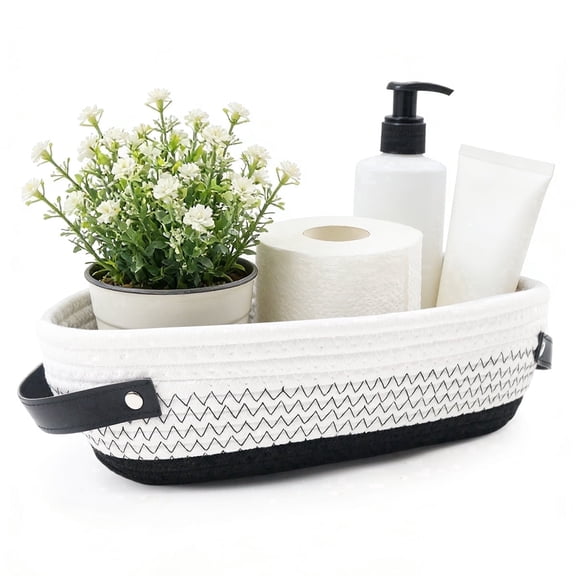 13-inch Black Cotton Rope Back of Toilet Basket with Leather Handles, Bathroom Organizer