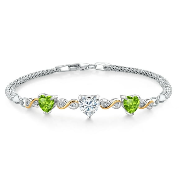 925 Silver and 10K Yellow Gold White Moissanite and Green Peridot and Lab Grown Diamond Bracelet for Women | 2.98 Cttw | Gemstone Birthstone | Heart Shape 7MM | 6.5/7/7.5 inch, Made in Italy