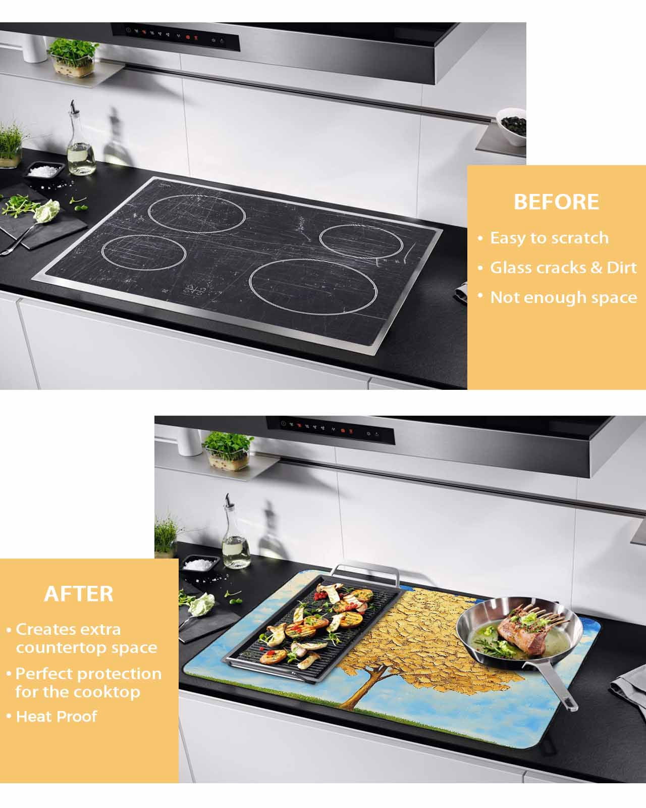 nqOlkjepod Large Induction Cooktop Protector Mat 36"x21", Yellow Tree Leaves Stove Top Covers for Electric Stove, Blue Sky Watercolor Gradient Painting Stove Burner Cover Mats, Glass Top Stove Cover