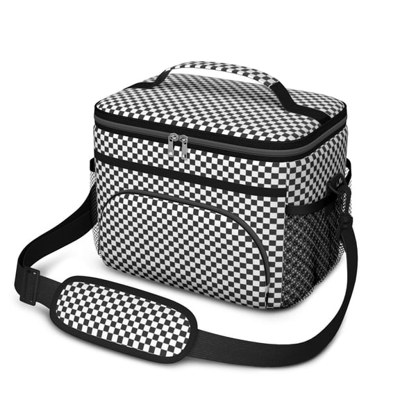 Black and White Checkered Pattern Insulated Lunch Box for Women Men, Medium Leakproof Cooler Bag with Adjustable Strap, 10"x6.7"x8"