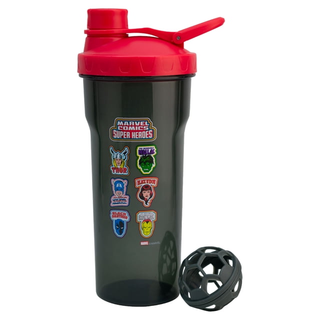 Vaso Shaker Deportivo con Tapa Roja, Diseño Marvel Super Héroes, Incluye BolaShaker de Plástico, Capacidad 700 Ml, Negro